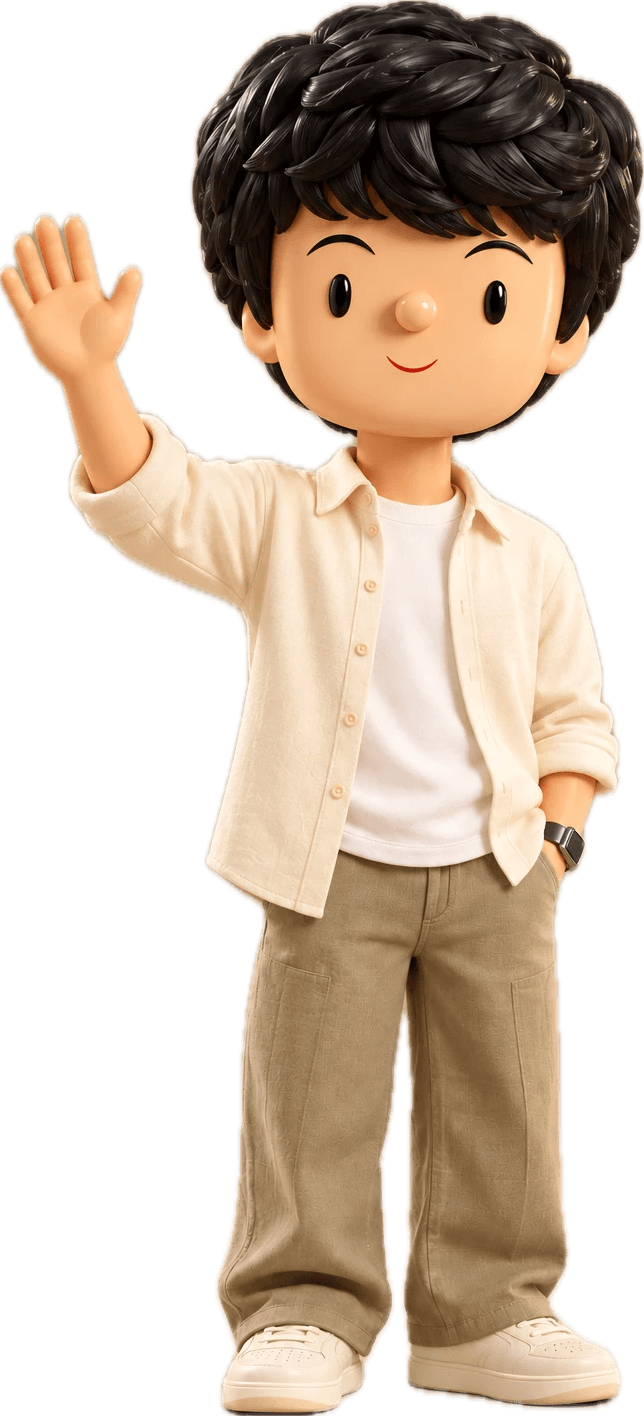 Vasisht as a toy figure waving hello, in a cream shirt, white tee, and khaki trousers